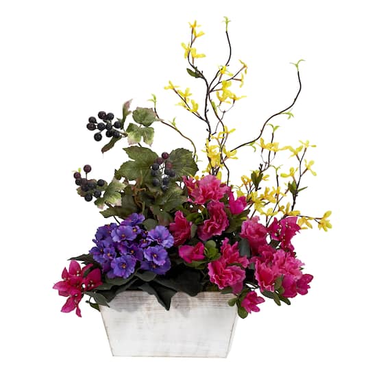 Mixed Floral with Azalea & White Wash Planter Silk Arrangement